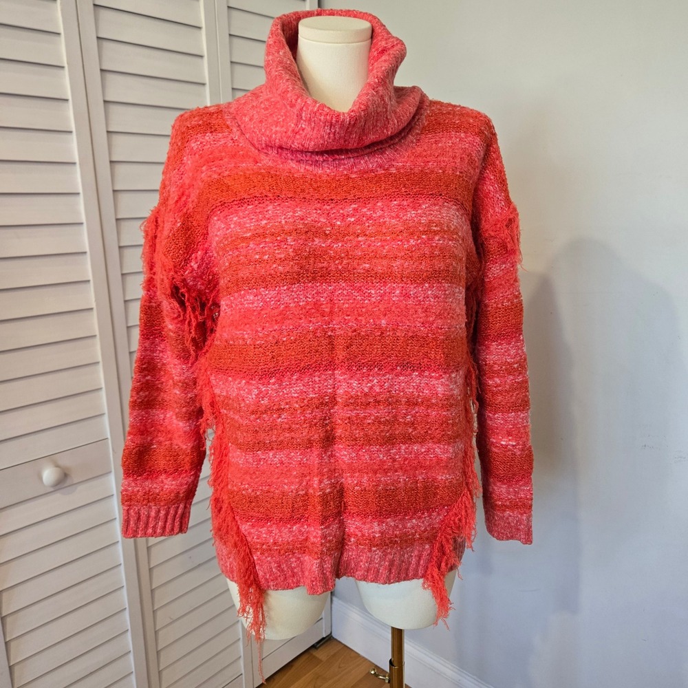 Kensie Fringe Orange and Red Multi-Yarn Boho Cowl Neck‎ Sweater Size L